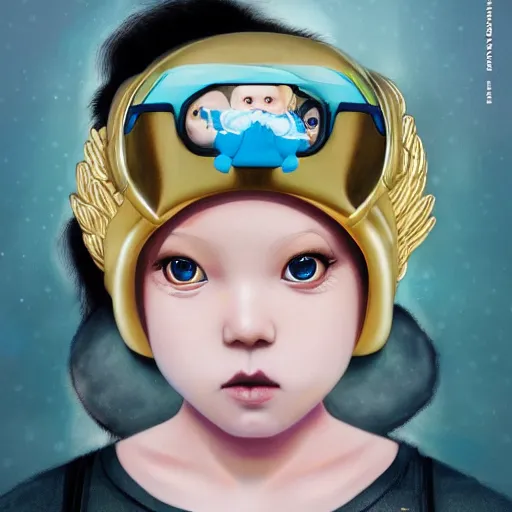 Prompt: Lofi vaporwave portrait baby cherub angel, ski mask, balaclava, face covered, Gucci, Nike, Chanel, multiple gold chains, Pixar style, Tristan Eaton, Stanley Artgerm, Tom Bagshaw