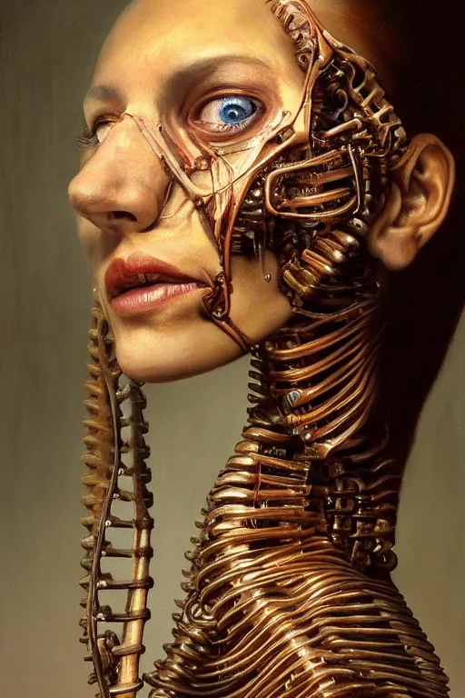 Prompt: beautiful oil painting portrait of biomechanical woman face connected to the machine by beecroft vanessa, wayne barlowe, rembrandt, complex, stunning, realistic skin color, 4 k, high res, awardwinning, masterpiece, realistic lighting