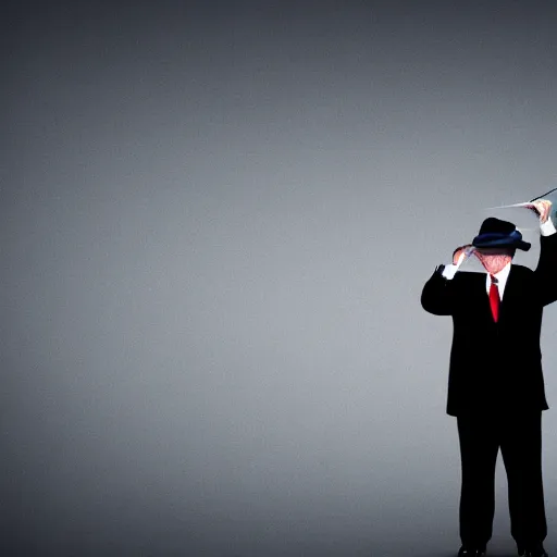 Image similar to mysterious donald trump in black suit and black hat, he has a paper aeroplane!!, mysterious, 4 k, highly detailed, digital art, strong shadows, high contrast, epic scene, atmospheric, blue colours, award winning photo