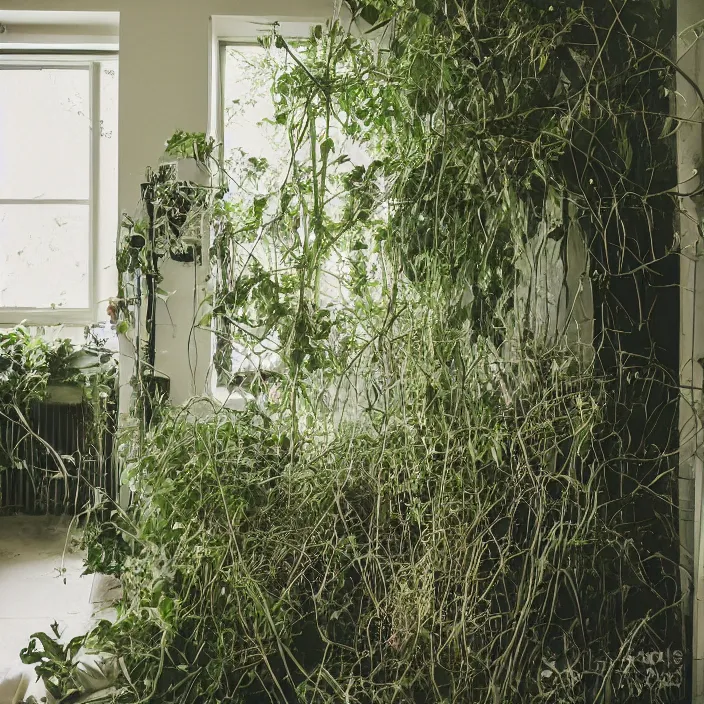 Prompt: overgrown modern home interior, color photograph, canon eos c 3 0 0, ƒ 1. 8, 3 5 mm, 8 k, medium - format print