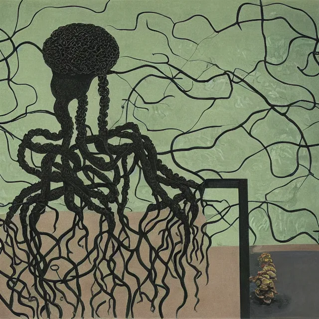 Image similar to a pathology student in her apartment, wrapped in vines, large stones, octopus, black walls, ikebana, black armchair, puddles, moss, acrylic on canvas, surrealist, by magritte and monet