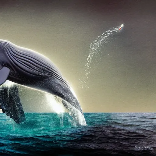 Image similar to a whale peeking above the ocean and wistfully watching a spaceship fly away, sci-fi digital art,
