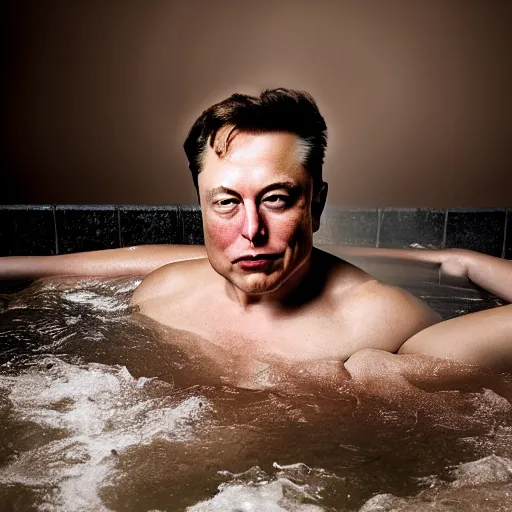 Prompt: photographic portrait by Annie Leibovitz of elon musk in a hot tub, closeup, foggy, sepia, moody, dream-like, sigma 85mm f/1.4, 15mm, 35mm, 4k, high resolution, 4k, 8k, hd, full color