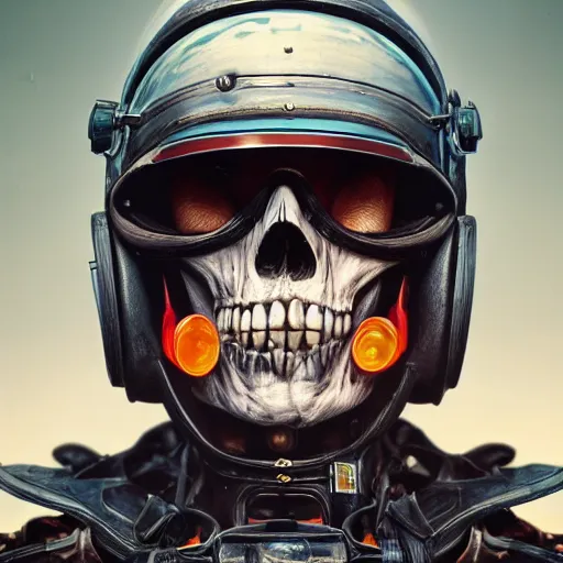 Image similar to a portrait of an anthropomorphic vintage skull in a racing helmet by sandra chevrier, detailed render, epic composition, cybernetics, 4 k realistic, cryengine, realistic shaded lighting, sharp focus, masterpiece, by matteo scalera, gary montalbano, peter elson in the style of the tokyo ghost comic