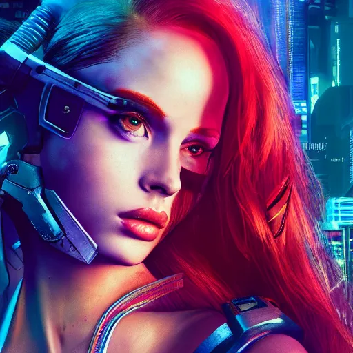 Image similar to madelaine petsch portrait, cyberpunk 2 0 7 7, cyberpunk judy alvarez, photorealistic, ultra detailed, neon, octane, bokeh, cinematic lighting, cyber, cyberpunk city, studio quality, feature, scars, cyberface, 8 k