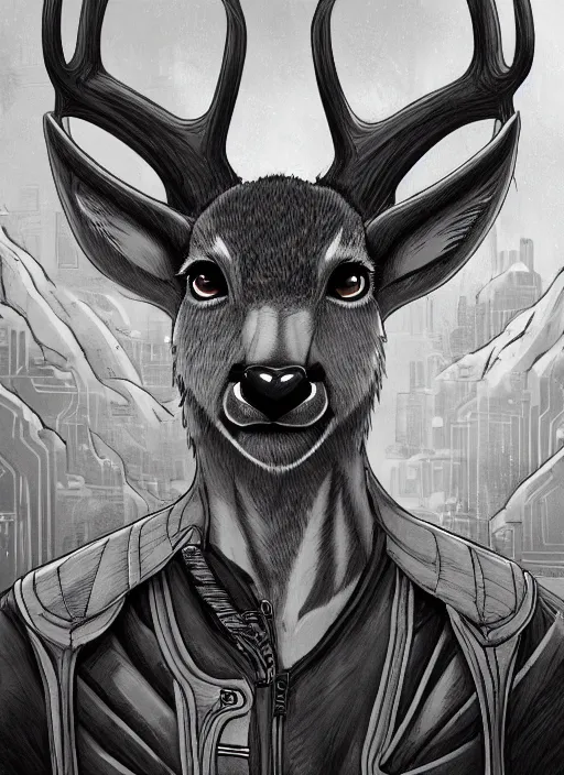 Image similar to aesthetic portrait commission of a of a male fully furry anthro deer with a tail and a beautiful attractive hyperdetailed face wearing wearing a outfit in a sci - fi dystopian city at golden hour while it storms in the background. character design by dayer, diego 5, detailed, inked, western comic book art, award winning film poster painting