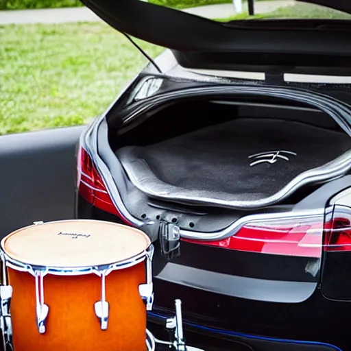 Image similar to a drum player playing the drums in the trunk of a tesla