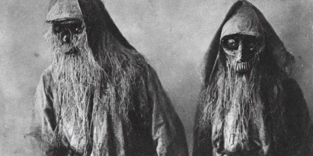 Image similar to hermit wearing a scary painted mask, 1900s picture