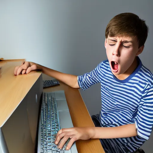 Image similar to teenage boy getting angry at a computer, award - winning photograph