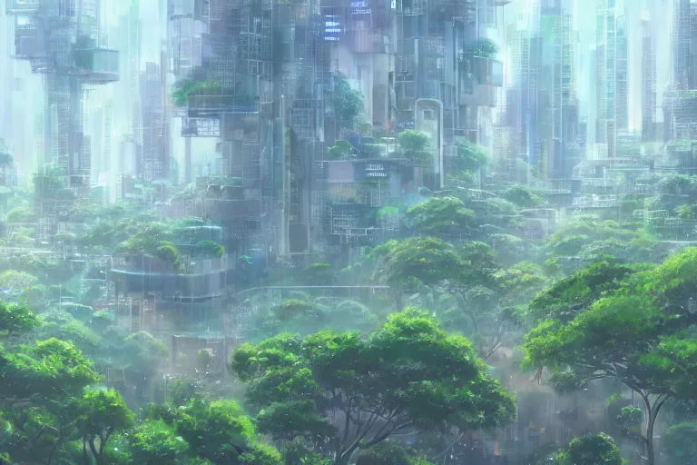 Image similar to futuristic city, lush vegetation, humid, early evening, diagonal view, geometric buildings, cloudy, beautiful, dull pastel colors, realistic, foggy, dreamy, nostalgic, bright, trending on artstation by yoshitaka amano and makoto shinkai, studio ghibli style