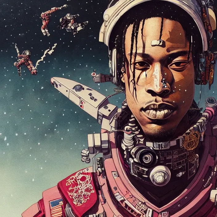 Image similar to a beautiful ukiyo painting of travis scott as a spacepunk battle space pilot, wearing space techwear, detailed close up portrait, intricate complexity, concept art, by takato yamamoto, wlop, krenz cushart. cinematic dramatic atmosphere, sharp focus, digital full likeness art. center frame