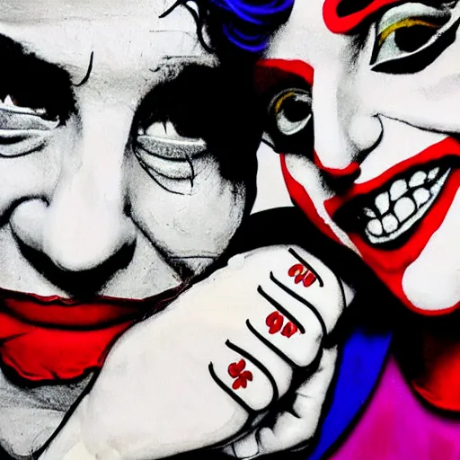 Prompt: mimmo rottela and banksy as joaquin phoenix skinny joker holding hand lady gaga harley queen, very realistic, intricate details, pop art style, concept art, confident, love, random object movement, 3 colours, proportional, warm color, 4 k, ultra smooth, sharp focus