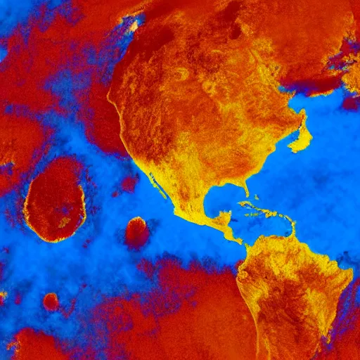 Image similar to a planet in shape of cube, filled with dark red oceans and yellow vegetation, satellite image