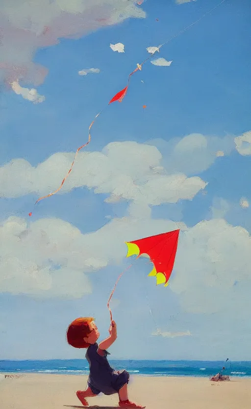 Prompt: child flying a kite at the beach by atey ghailan and garmash, michael, plein air, whimsical