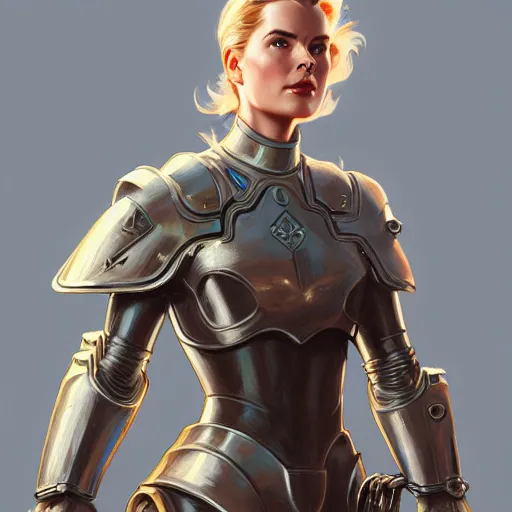 Prompt: Grace Kelly in a Power Armor, western, D&D, fantasy, intricate, elegant, highly detailed, digital painting, artstation, concept art, matte, sharp focus, illustration, art by Artgerm and Greg Rutkowski and Alphonse Mucha
