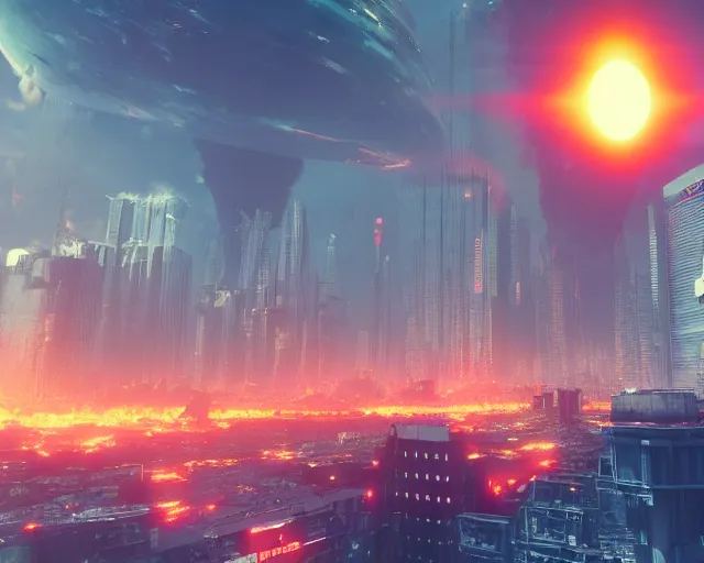 Prompt: a massive nuclear fireball enngulfing a country sized megacity, the explosion from akira, in photorealistic cyberpunk style, volumetric light, rendered in redshift, ray tracing on high settings
