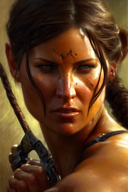 Image similar to muscular sweat lara croft, face close up, highly detailed painting by gaston bussiere, craig mullins, j. c. leyendecker 8 k