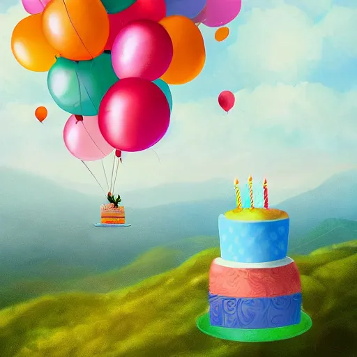 Image similar to digital art of plenty of birthday balloons floating with a giant cake above a beautiful landscape. artstation cgsociety masterpiece