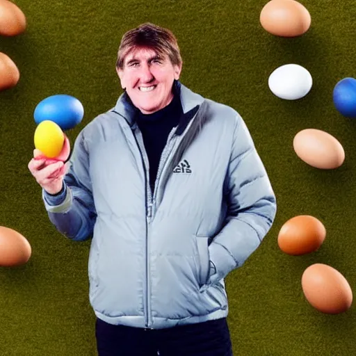 Image similar to peter beardsley wearing a puffa jacket surrounded by eggs