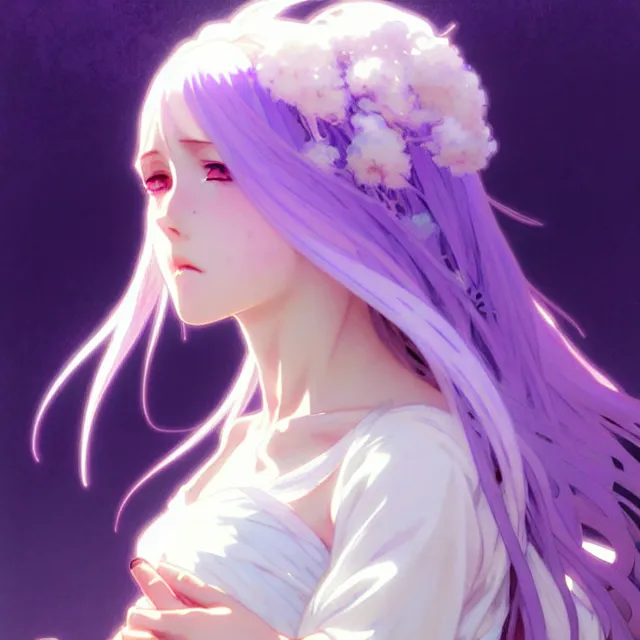 Image similar to anime girl with flowing lavender hair, purple eyes and white dress, profile photo, digital artwork, very beautiful face, extremely detailed art by greg rutkowski and alphonse mucha