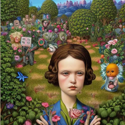 Image similar to the Garden of terrible beautiful painting by Mark Ryden and Alex Gross, Todd Schorr highly detailed