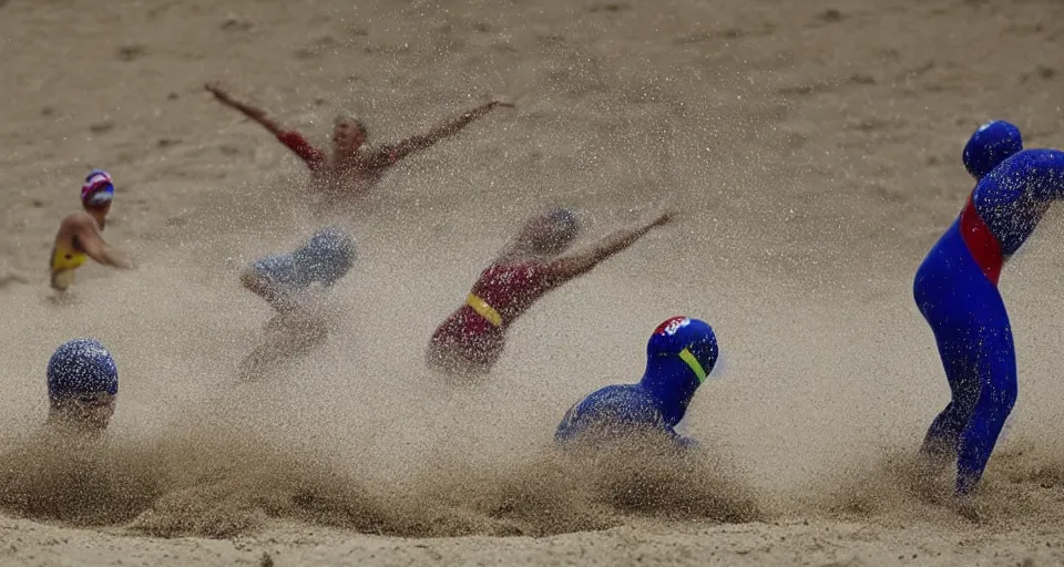 Image similar to olympic swimming in sand instead of water, extremely coherent, motion blur