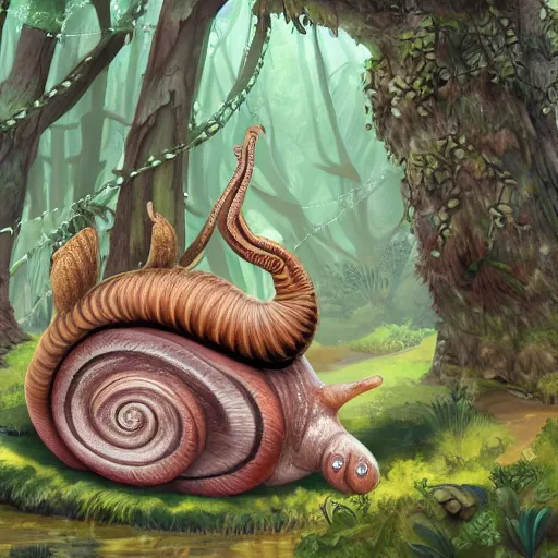 Prompt: friendly giant snail in fantasy feywild swamp, illustration, detailed