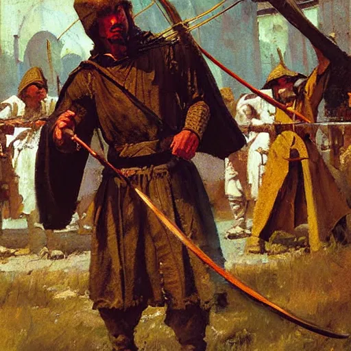 Prompt: man in medieval clothes aiming a bow by craig mullins, greg manchess, bernie fuchs, walter everett, lost edges