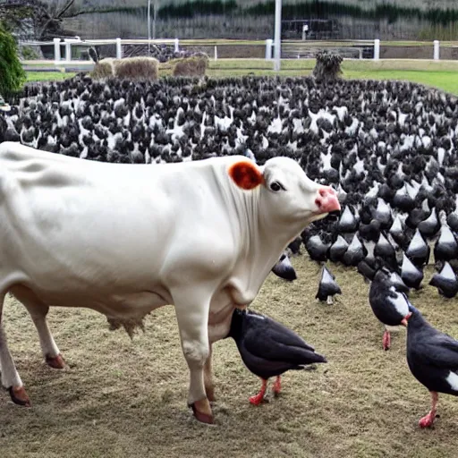 Image similar to a cow made of pigeons