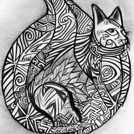 Image similar to tattoo sketch in polynesian style cat hugging the sun, maori