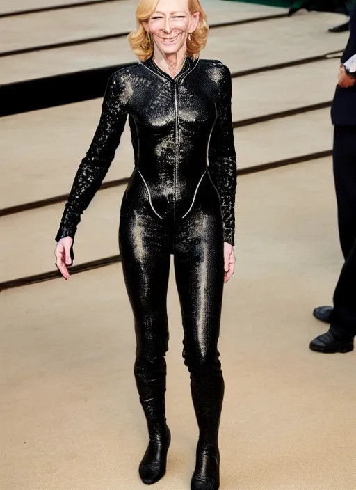 Image similar to beautiful stunning glorious high definition photograph of happy cate blanchett wearing a catsuit intricate, elegant, highly detailed, smooth, sharp focus,