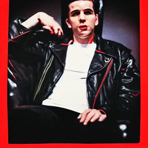 Prompt: 1 9 5 0 s greaser male wearing black leather jacket sitting on a dark throne, red film grain filter, highly detailed, realistic, chromatic aberration, sharp black shadows