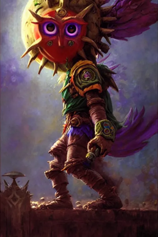 Image similar to majora's mask as a magic the gathering card portrait dnd, painting by gaston bussiere, craig mullins, greg rutkowski, yoji shinkawa