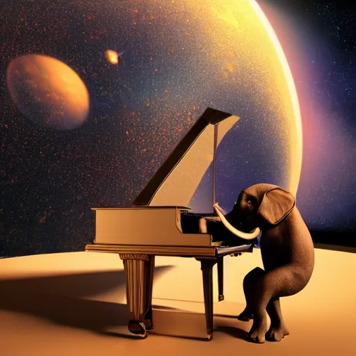 Image similar to a hyperrealistic 3D octane render of an elephant playing piano in a planetarium with planets and galaxies, trending on artstation, 8k, 4K, dramatic lighting, glowing, volumetric lighting, ray tracing, unreal engine