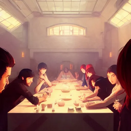 Prompt: the last supper 4 k, concept art, by wlop, ilya kuvshinov, artgerm, krenz cushart, greg rutkowski, pixiv. cinematic dramatic atmosphere, sharp focus, volumetric lighting, cinematic lighting, studio quality