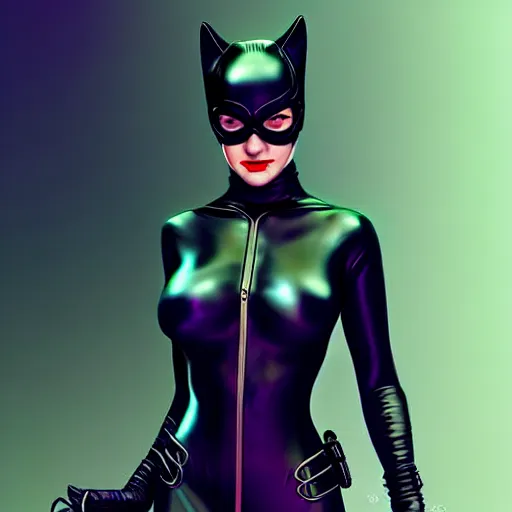 Image similar to epic professional digital art of Lindsay Mann as Catwoman, best on artstation, cgsociety, wlop, cosmic, epic, stunning, gorgeous, much detail, much wow