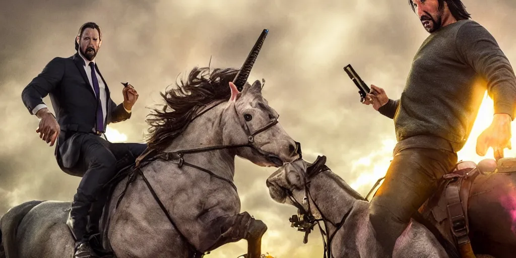 Image similar to Keanu Reaves riding a unicorn, a still over the shoulder from behind shot from John Wick 2, shooting a gun at a man dressed in a Mario Luigi costume, epic fantasy style, digital art