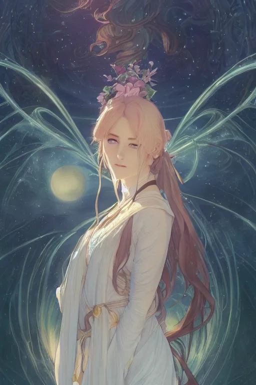 Image similar to anime key visual of a beautiful young moon spirit girl, wearing the robe of sacred mystery, intricate, moonlit lake, stunning, highly detailed, digital painting, artstation, smooth, hard focus, illustration, art by artgerm and greg rutkowski and alphonse mucha