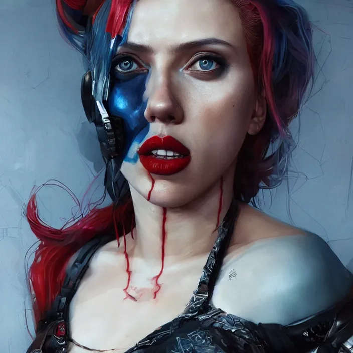 Image similar to portrait of scarlett johansson as a harley quinn. intricate abstract. intricate artwork. by Tooth Wu, wlop, beeple, dan mumford. octane render, trending on artstation, greg rutkowski very coherent symmetrical artwork. cinematic, hyper realism, high detail, octane render, 8k, iridescent accents