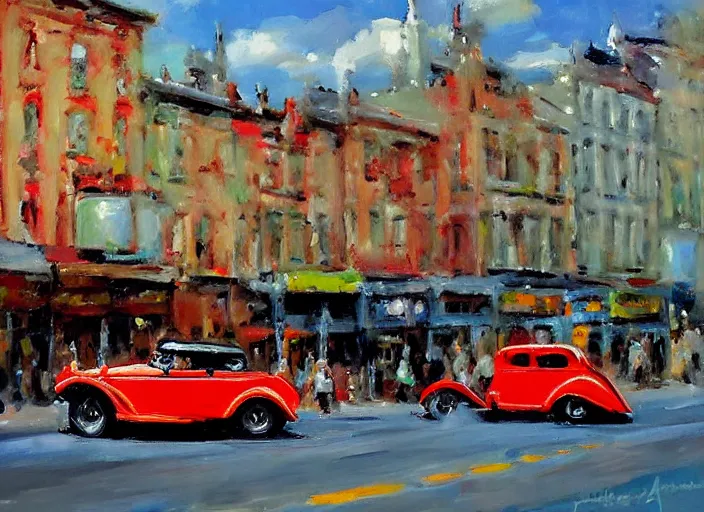 Prompt: hotrods driving down a street , vintage, highly detailed, by Antoine blanchard
