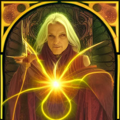 Prompt: a warlock is casting a magic spell, mystic, fantasy, magic, award winning photography, hdr, studio lighting medium close shot, mucha style,