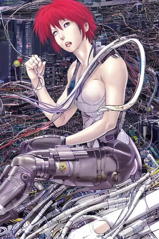 Image similar to hyper coherent motoko kusanagi kneeling on a white in style of masamune shirow, empty floor, with a mess of wires and cables coming out of her head and backside, by Yukito Kishiro and katsuhiro otomo, illustration, cyberpunk, hyper-detailed, colorful, complex, intricate, masterpiece, epic