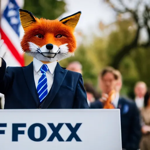 Image similar to a fox animal dressed in a suit giving a presidential speech, 8 5 mm f / 1. 4