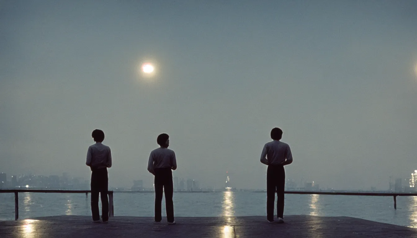 Prompt: 80s asian neon movie still with a lone man standing on a pier by the river on early morning with bright city lights behind his back, ships passing by in the distance, medium format color photography, movie directed by Kar-Wai Wong, hyperrealistic, photorealistic, high definition, highly detailed, tehnicolor, anamorphic 50mm lens