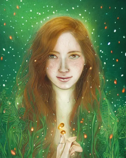 Image similar to a young woman, admiring the lights of golden fireflies, sitting in the midst of nature fully covered, long loose red hair, intricate linework, green eyes, small nose with freckles, oval shape face, soft happy smile, realistic, expressive emotions, mystical scene, hyper realistic ultrafine detailed illustration by james jean