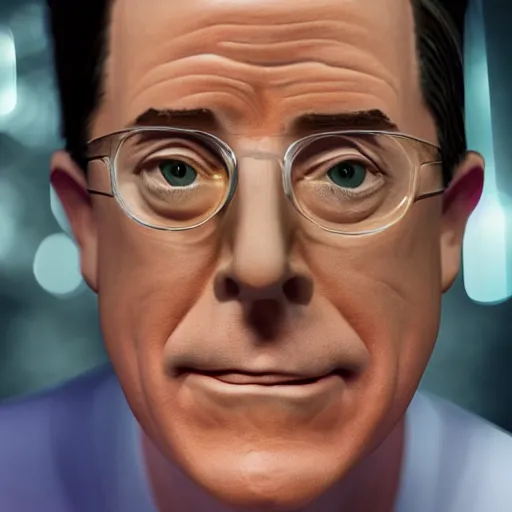 Image similar to stephen colbert face inside a clear beer bottle, 8 k, ultra realistic details