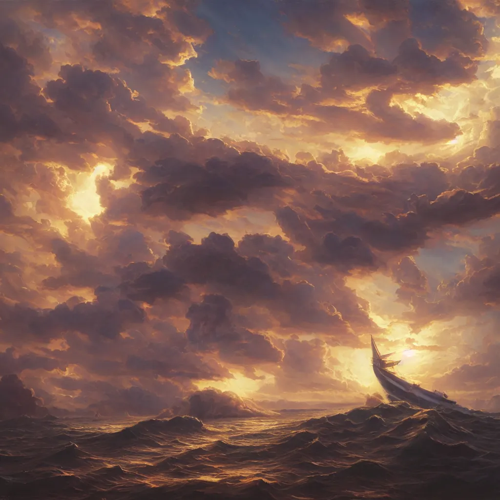 Prompt: a sending down [ of the revelation ] from him who created the earth and the lofty heavens, overdetailed art, noah's ship, by greg rutkowski, by rhads, sharp focus
