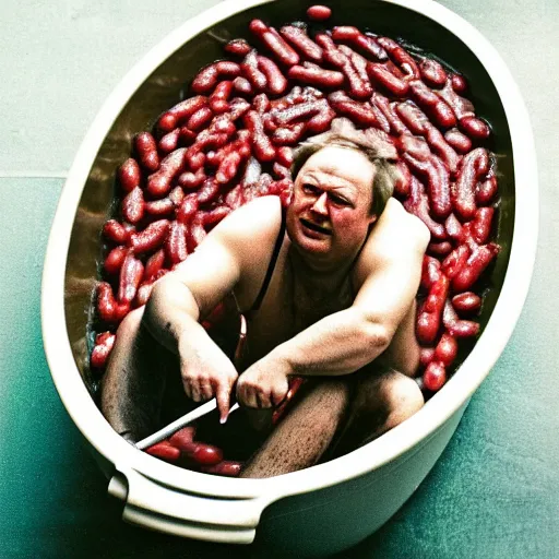 Image similar to Boris Jonson in a bathtub full of baked beans
