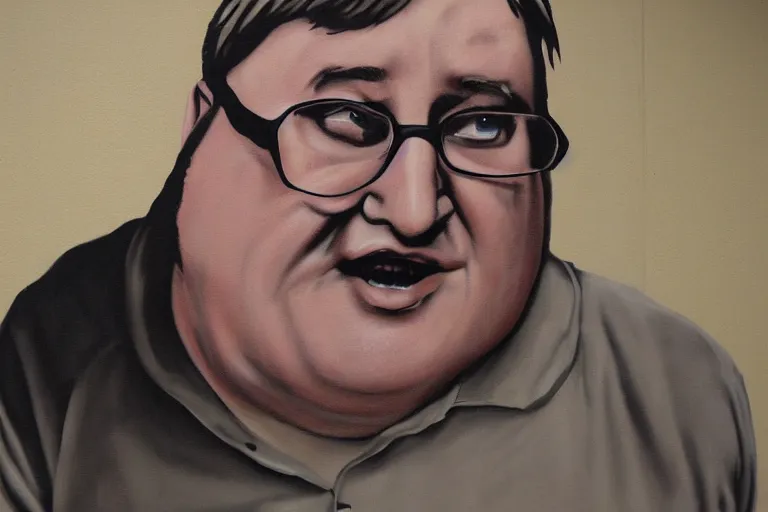 Image similar to gabe newell painted by banksy