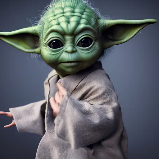 Image similar to full body pose, hyperrealistic photograph of baby yoda dressed as the mad hatter, dim volumetric lighting, 8 k, octane beautifully detailed render, extremely hyper detailed, intricate, epic composition, cinematic lighting, masterpiece, trending on artstation, very very detailed, stunning, hdr, smooth, sharp focus, high resolution, award, winning photo, dslr, 5 0 mm